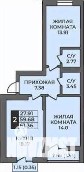 2-к квартира, строящийся дом, 61м2, 5/9 этаж