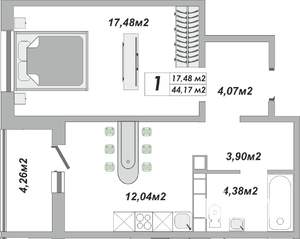 1-к квартира, строящийся дом, 44м2, 21/25 этаж