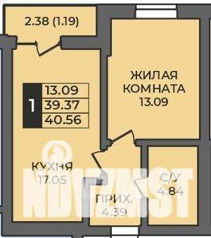 1-к квартира, строящийся дом, 41м2, 6/12 этаж