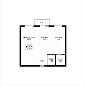 3-к квартира, строящийся дом, 78м2, 3/15 этаж