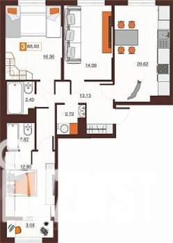 3-к квартира, строящийся дом, 89м2, 6/17 этаж