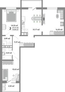 3-к квартира, строящийся дом, 77м2, 4/9 этаж