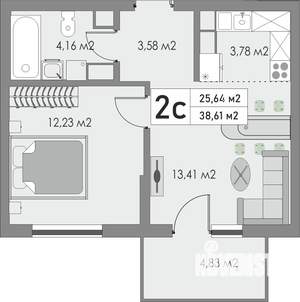 2-к квартира, строящийся дом, 39м2, 7/9 этаж