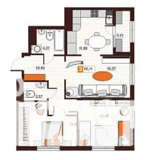 3-к квартира, вторичка, 76м2, 16/17 этаж