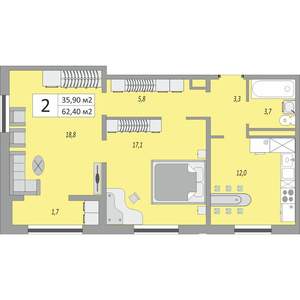 2-к квартира, вторичка, 62м2, 12/24 этаж