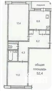 2-к квартира, вторичка, 52м2, 1/5 этаж