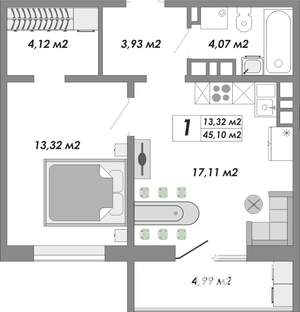 1-к квартира, строящийся дом, 45м2, 13/17 этаж