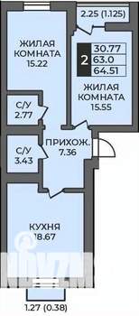 2-к квартира, строящийся дом, 65м2, 10/12 этаж