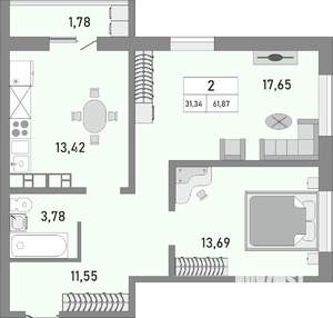 2-к квартира, строящийся дом, 62м2, 6/25 этаж