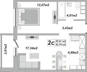 2-к квартира, строящийся дом, 44м2, 1/25 этаж