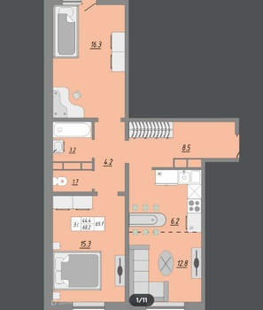 2-к квартира, вторичка, 67м2, 8/24 этаж