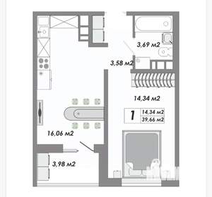 1-к квартира, вторичка, 40м2, 7/12 этаж