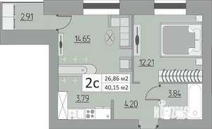 2-к квартира, строящийся дом, 40м2, 4/15 этаж