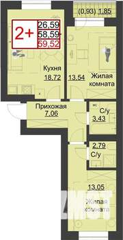 2-к квартира, строящийся дом, 60м2, 1/5 этаж