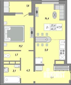 1-к квартира, вторичка, 45м2, 4/17 этаж