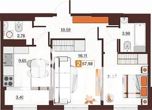 2-к квартира, строящийся дом, 58м2, 16/17 этаж