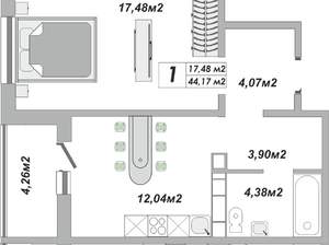 1-к квартира, вторичка, 44м2, 23/25 этаж