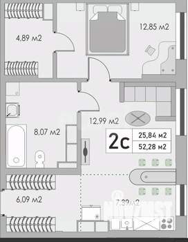 2-к квартира, строящийся дом, 52м2, 3/9 этаж