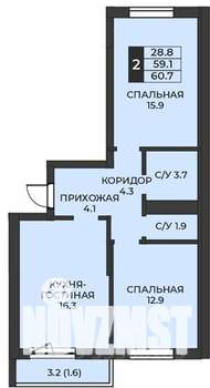 2-к квартира, строящийся дом, 61м2, 1/7 этаж