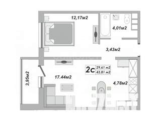 2-к квартира, вторичка, 44м2, 5/17 этаж
