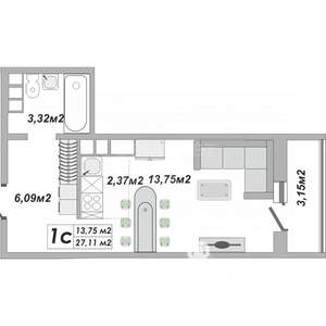 Студия квартира, вторичка, 27м2, 23/24 этаж