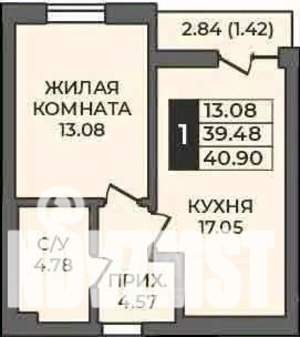 1-к квартира, строящийся дом, 41м2, 8/9 этаж