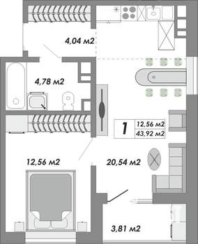 1-к квартира, строящийся дом, 44м2, 7/15 этаж