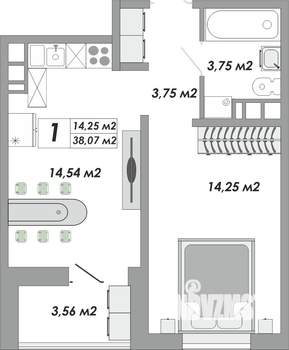 1-к квартира, строящийся дом, 38м2, 2/12 этаж