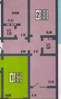 2-к квартира, сданный дом, 62м2, 6/18 этаж