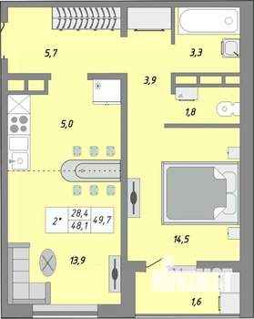 2-к квартира, строящийся дом, 50м2, 24/24 этаж