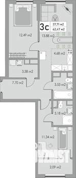 3-к квартира, строящийся дом, 62м2, 6/10 этаж