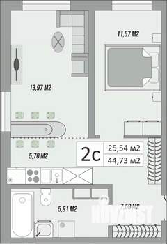 1-к квартира, строящийся дом, 45м2, 1/9 этаж