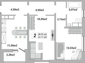 2-к квартира, строящийся дом, 61м2, 20/25 этаж