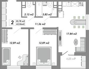 2-к квартира, строящийся дом, 63м2, 4/9 этаж