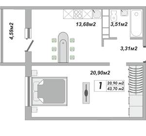 1-к квартира, вторичка, 44м2, 11/25 этаж