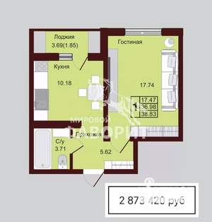 2-к квартира, вторичка, 60м2, 10/17 этаж