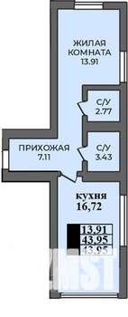 1-к квартира, строящийся дом, 44м2, 1/12 этаж