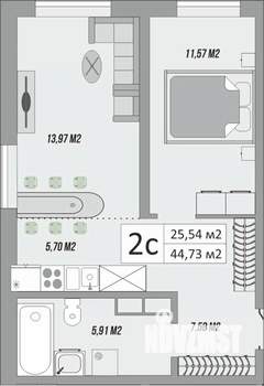 1-к квартира, строящийся дом, 45м2, 1/9 этаж