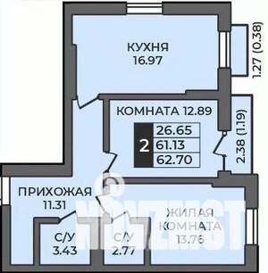 2-к квартира, строящийся дом, 63м2, 8/12 этаж