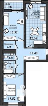 2-к квартира, строящийся дом, 76м2, 2/12 этаж