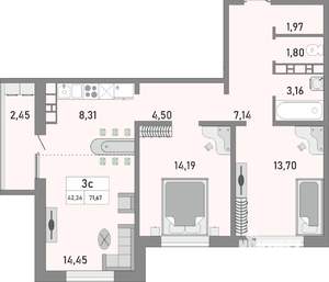 3-к квартира, строящийся дом, 72м2, 25/25 этаж