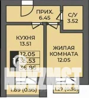 1-к квартира, строящийся дом, 37м2, 5/5 этаж