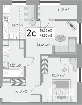 2-к квартира, строящийся дом, 49м2, 6/10 этаж