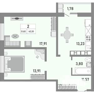 2-к квартира, сданный дом, 62м2, 18/25 этаж