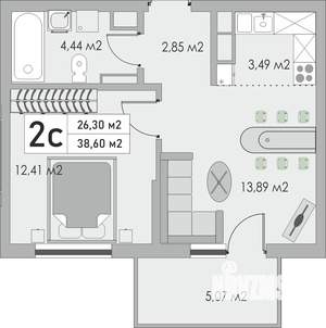 2-к квартира, строящийся дом, 39м2, 10/10 этаж