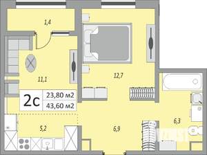 2-к квартира, строящийся дом, 44м2, 1/24 этаж