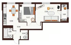 2-к квартира, вторичка, 62м2, 1/17 этаж