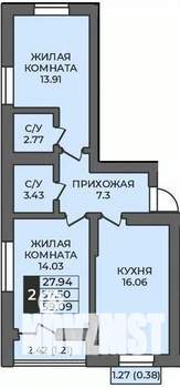 2-к квартира, строящийся дом, 59м2, 7/12 этаж