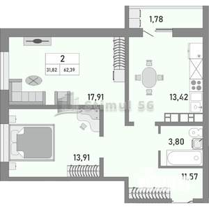 2-к квартира, сданный дом, 62м2, 15/25 этаж