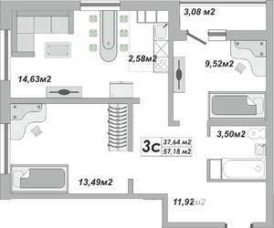 3-к квартира, строящийся дом, 57м2, 7/25 этаж
